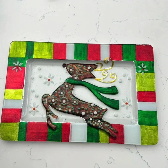 LS Arts Christmas Platter Reindeer Thin Glass in Box 14 x 9.5 inch - Picture 1 of 6